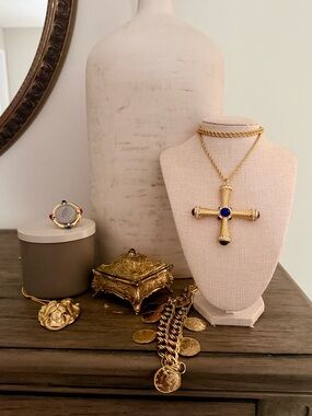Gold-Tone Motif Style Cross Pendant Necklace with Blue, Red & Green Cabochons